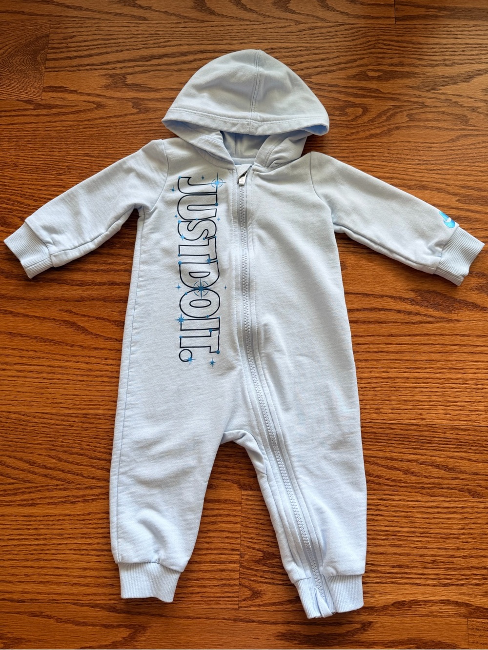 Nike Light Blue Hooded 'Just Do It' Baby One-Piece - 12 months